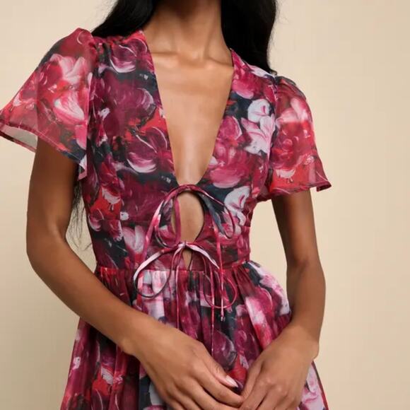 Lulus RSVP Magenta Floral Organza Tie-Front Midi Dress XS Cocktail Semi Formal - Picture 2 of 8